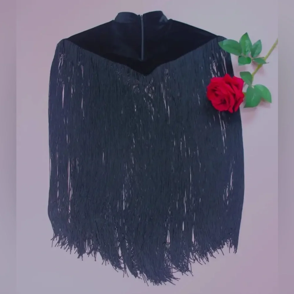 Tassel Trim Mock Neck Crop Shawl Cloak - Picture 2 of 6